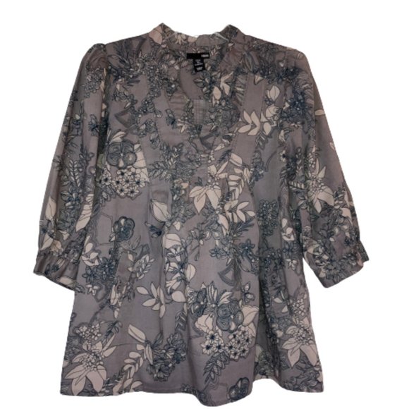 H&M Womens Organic Cotton 3/4 Puff Sleeve Grey Floral Blouse Size 4 - Picture 1 of 12